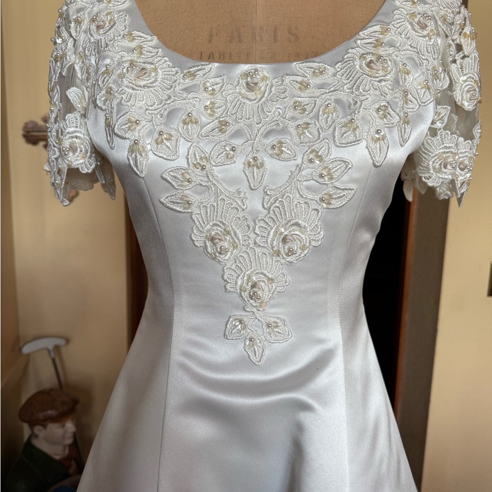 David's Bridal White Satin Dress with Floral Embroidery & small halo veil